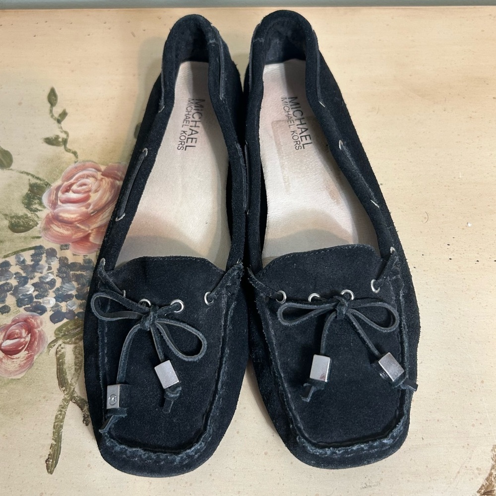 Michael Kors Black Suede Leather Loafers Silver MK Charms